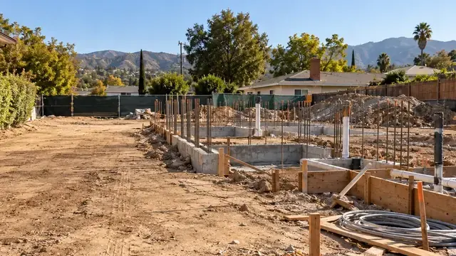AI-generated illustration: stalled home build with bare foundations, rebar and open trenches on a dirt lot