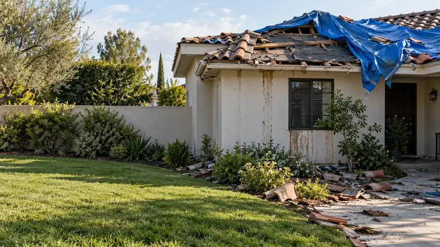 AI-generated illustration: partly stripped roof under a torn blue tarp with broken tiles on the lawn