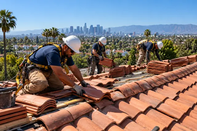 AI-generated illustration: roofing crew wearing safety harnesses and gloves while laying clay tiles