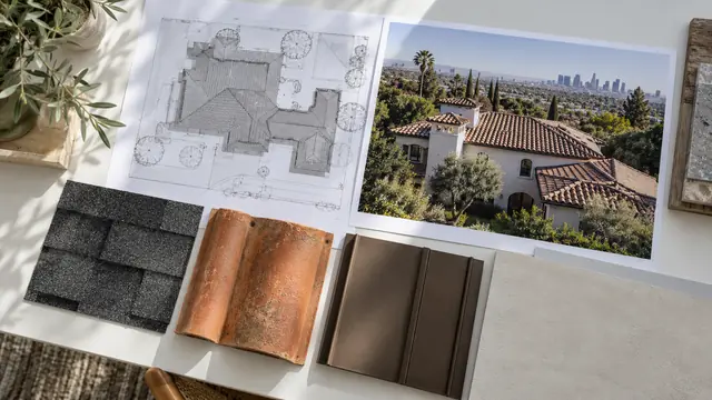 AI-generated illustration: roof design board with plan drawing, house rendering and roofing material samples