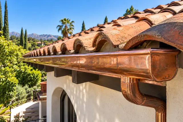 AI-generated illustration: copper gutter and clean flashing below terracotta roof tiles