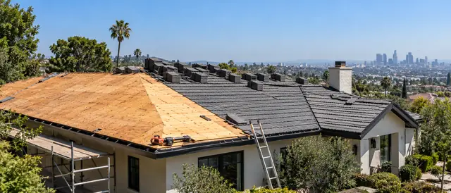 AI-generated illustration: roof replacement in progress with new plywood and stacked roof tiles