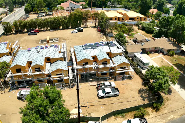 Beaver’s in-house crew framing and roofing three SB 9 homes at once in Northridge