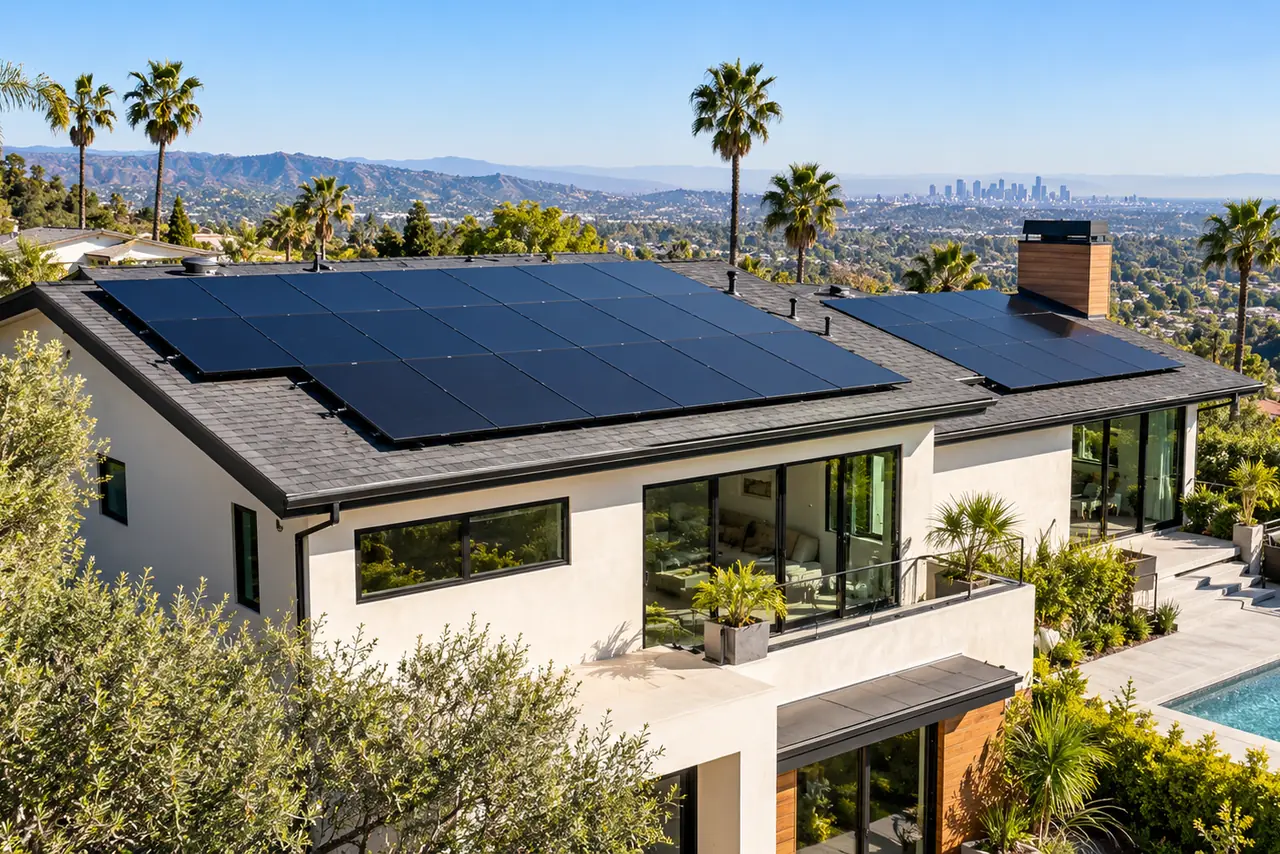 AI-generated illustration: solar panels on a modern Los Angeles home viewed from a drone