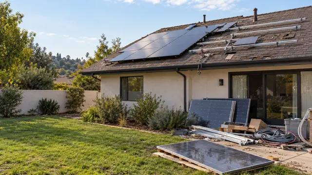 AI-generated illustration: unfinished solar installation with misaligned panels and loose conduit