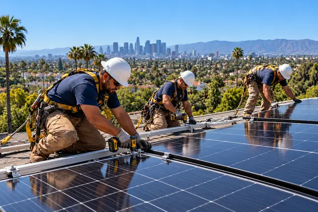 AI-generated illustration: solar installation crew in harnesses fastening panel clamps on a roof