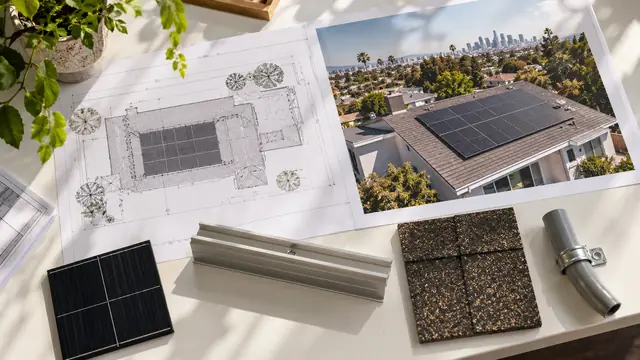 AI-generated illustration: solar planning board with roof layout, house rendering and panel mounting samples