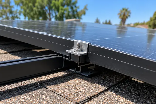 AI-generated illustration: solar panel edge, mounting clamp and rail above a shingle roof