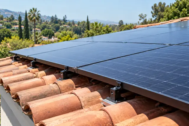 AI-generated illustration: aligned solar panels mounted above terracotta roof tiles